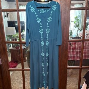 Curations Bohemian Blue Floral Embroidered Long Sleeve Dress Size XL